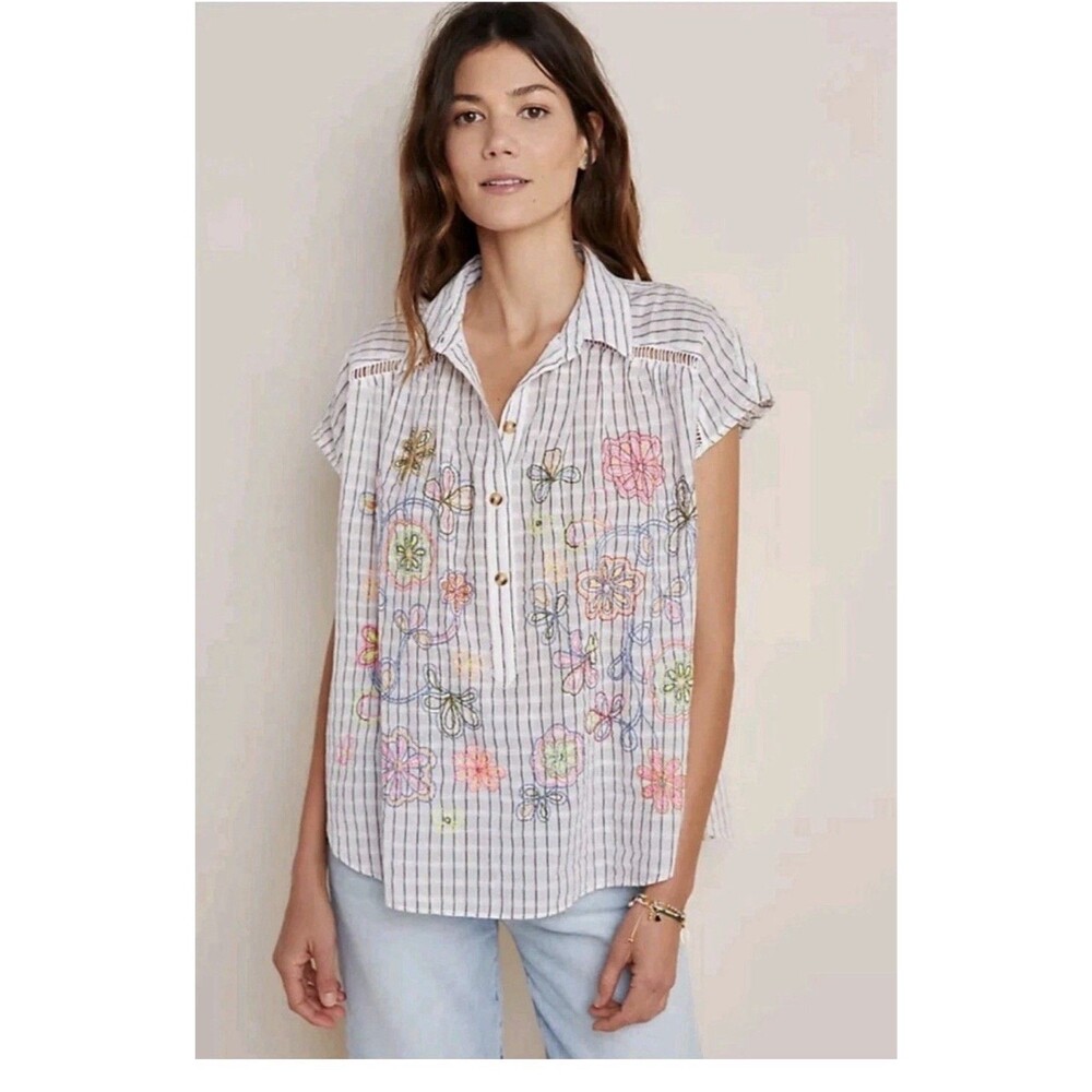 Pilcro Anthropologie Serena Surf Henley Blouse striped embroidered Xsmall shirt